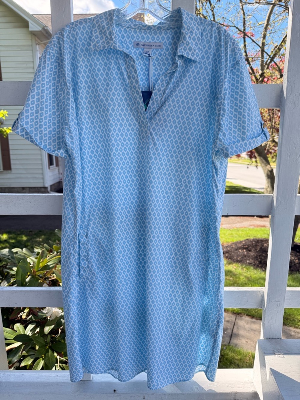 Southern Tide Light Blue White Geometric Short-Sleeve Button-Down Dress